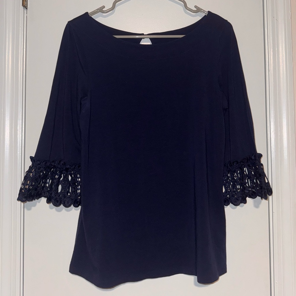 Lilly Pulitzer Navy Blue Women's Top with Lace Sleeves